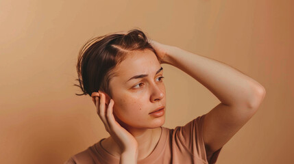 Fototapeta premium A concerned woman is shown on a beige backdrop experiencing hair loss. This image serves as a call to attention for hair loss awareness month.