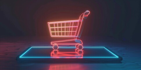 A 3D illustration features a secure online shopping cart icon floating above a digital tablet, symbolizing e-commerce security and convenience.