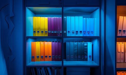 An illuminated blue cabinet highlights a collection of vibrant folders.