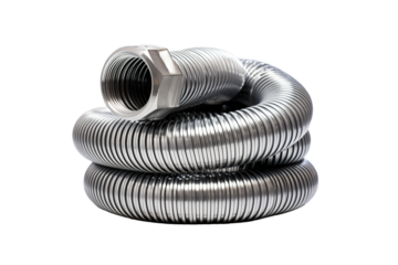 A Shiny, Silver Flexible Pipe Coiled for Installation on a Clear PNG or White Background.