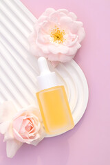 Blank white cosmetics dropper bottle with retinol face serum on pink background. Wavy podium under it. cosmetic mockup