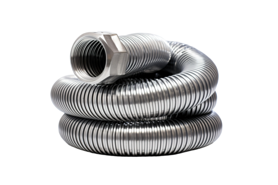 A Shiny, Silver Flexible Pipe Coiled for Installation on a Clear PNG or White Background.