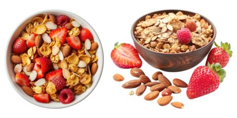 Set of cereal with strawberries isolated on transparent background