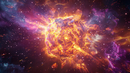 Fiery supernova with vivid colors and a galaxy backdrop, representing the explosive power of the cosmos.