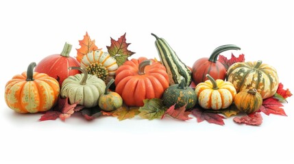 display of vibrant pumpkins and gourds with autumn leaves on white background
