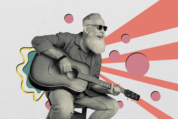 Collage picture elder pensioner play guitar talented performer strings song chords classic acoustic...