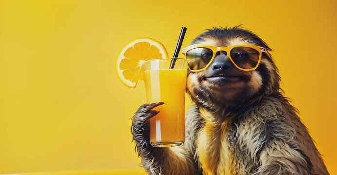 A hyper-realistic, high dynamic range video featuring a yellow sloth wearing sunglasses, holding a glass of orange juice, and smiling. The scene is filled with rich colors and lifelike details.