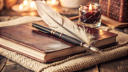 Pen and notepad. Memoirs. Wooden table.