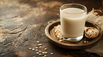 Oat milk in a glass bottle with flakes and grains on a beige background.