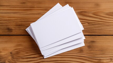 A stack of blank business cards sits on a wooden table. The cards are white and appear to be of high quality. Concept of professionalism and organization, as the cards are neatly arranged in a stack