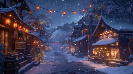 Peaceful Winter Night in a Chinese Village