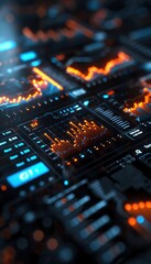 Obraz premium High-tech data charts on a digital screen showcasing financial analytics and stock market trends with vibrant orange and blue colors.
