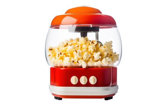 Retro Red Popcorn Maker With Freshly Popped Kernels on a Clear PNG or White Background.