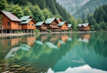 Naklejka premium Wooden mountain houses on the shore of the lake, surrounded by forest and mountains
