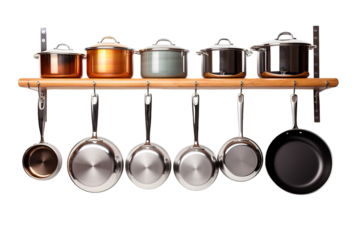 A Gleaming Array of Pots and Pans Hang on a Wooden Shelf on a Clear PNG or White Background.