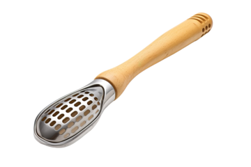 A Wooden And Metal Cocktail Muddler With A Perforated Head on a Clear PNG or White Background.