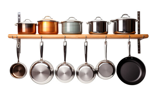 A Gleaming Array of Pots and Pans Hang on a Wooden Shelf on a Clear PNG or White Background.