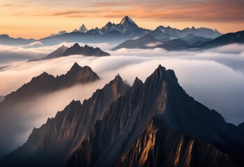 majestic isolated peaks covered rolling fog,