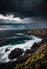 dramatic storm clouds over rugged coastal terrain, stormy, weather, atmosphere, overcast, moody, scenic, landscape, nature, dark, grey, rocks, cliffs, ocean, sky