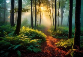 Obraz premium enchanting forest morning mist slowly rises through trees, misty, woods, fog, sunrise, dawn, greenery, tranquil, serene, picturesque, wilderness