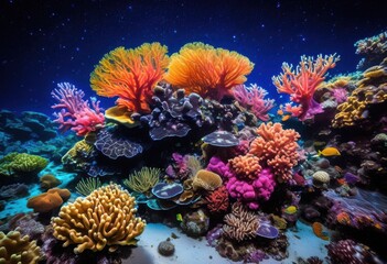 twinkling stars over vibrant coral reefs ocean night, sparkling, underwater, marine, life, shimmering, colorful, deep, sea, dark, sky, illuminated, glowing