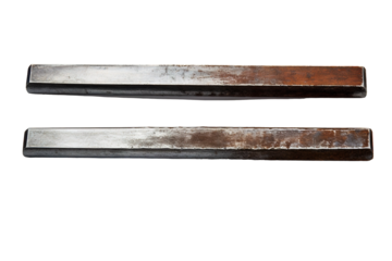 Two Weathered Metal Bars Resting Side By Side on a Clear PNG or White Background.