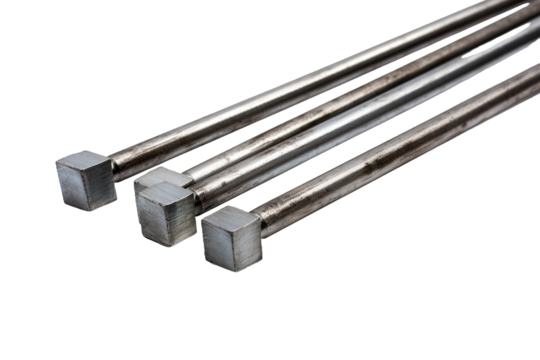 Four Silver Square-Headed Rods Against a White Background on a Clear PNG or White Background.