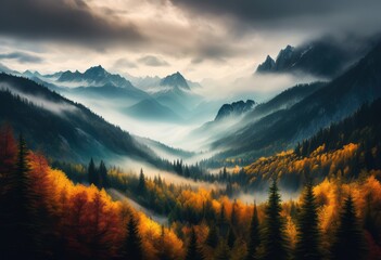 serene misty mountain vistas captured stunning landscapes, tranguil, foggy, peaks, panoramic, breathtaking, nature, peaceful, majestic, scenic, beauty