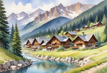 Fototapeta premium A quiet lakeside village with charming wooden cottages on a river in the mountains