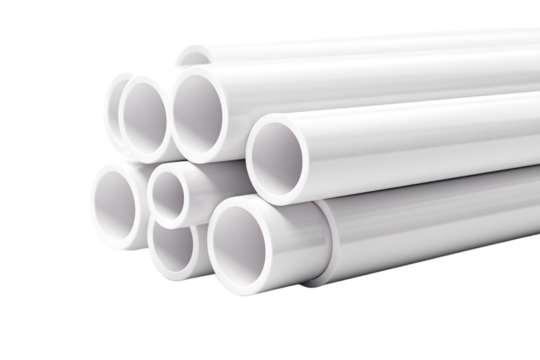 A Stack of White PVC Pipes Ready for Construction on a Clear PNG or White Background.