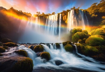 Fototapeta premium colorful mist over waterfall cascading rainbow beauty motion, lgbtq, lgbt, pride, love, equality, falls, flowing, natural, nature, atmospheric, ethereal, idyllic