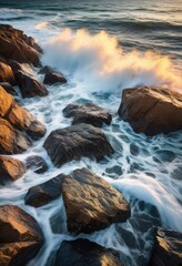 tranquil ocean waves crashing rocky shoreline, coast, beach, water, nature, coastal, seashore, seaside, serene, calm, peaceful, horizon, tide, splash