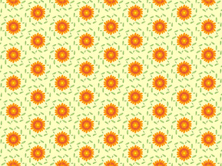 Orange flowers with green leaves on lemon color for fabric and background.