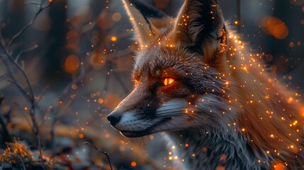A cybernetic fox with glowing eyes and sleek fur, exploring a digital forest. 