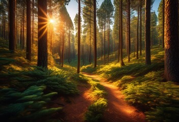 Obraz premium sunlit path winding through dense pine natural beauty landscape scene, forest, woods, greenery, hiking, outdoors, scenery, trees, wilderness, lush