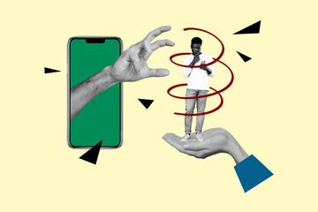 Collage picture young man smartphone addiction hand body fragments catch take force touchscreen thoughtful minded questioned unsure