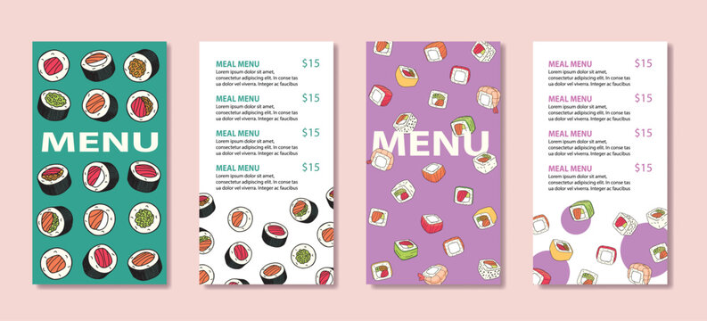 set of bright illustrations of sushi menu with colored rolls.eps