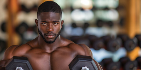 A muscular African bodybuilder training with dumbbells in the gym, showing his strong athletic build.