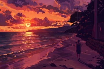 Fototapeta premium A person walks along a quiet beach at sunset, the waves gently lapping the shore, cozy vibe, Generative AI