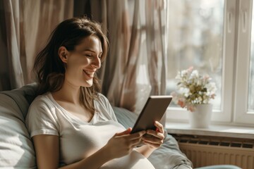 Smiling pregnant woman enjoying using a tablet in a cozy room, looking relaxed.