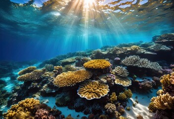 Obraz premium sunlit waves cascading over vibrant coral reef ocean depths, ecosystem, underwater, marine, life, colorful, aquatic, environment, tropical, sea, nature, sunlight,