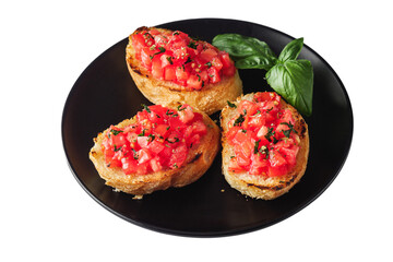 delicious Italian bruschetta with tomatoes on a white background