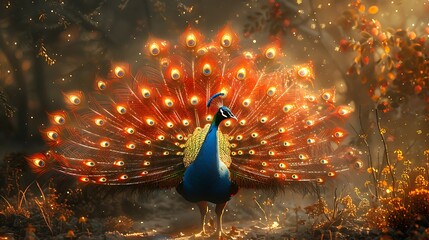 A whimsical peacock with holographic feathers, strutting in a surreal garden. 