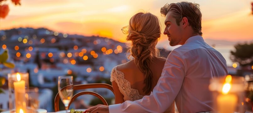 Romantic rooftop candlelit dinner overlooking cityscape, couple emanating love and intimacy