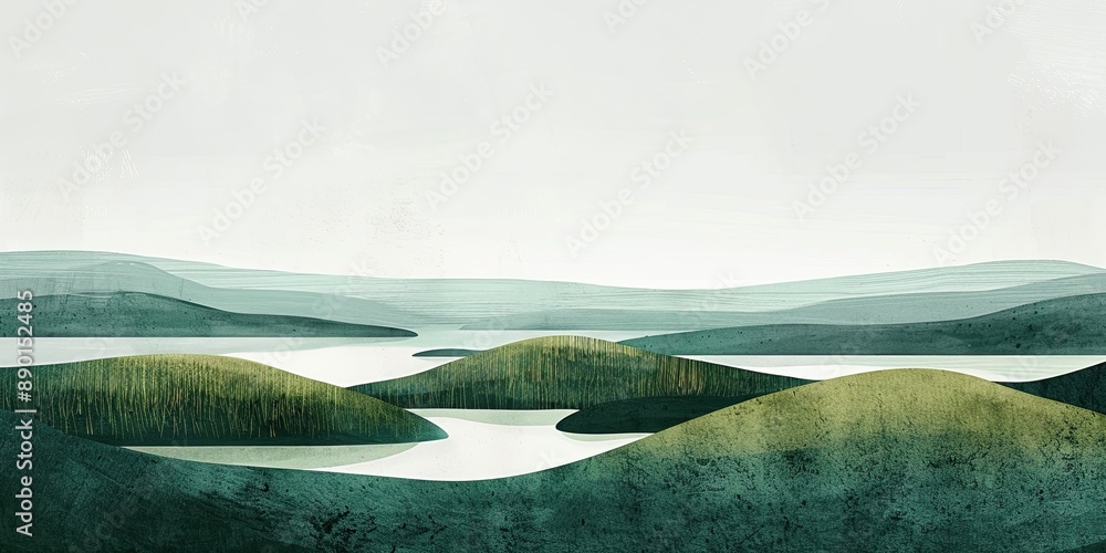 Sticker Stylized Landscape with Green Hills and Water Bodies