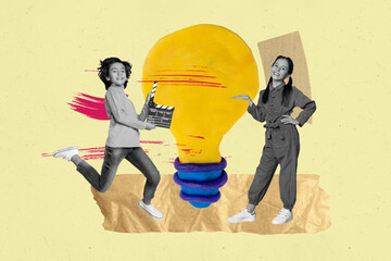 Composite photo collage of happy teenage girl guy hold clapboard movie broadcasting light bulb...