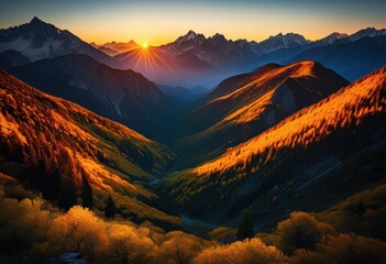 majestic sunrise illuminating ancient mountain range peaks golden light, landscape, scenic, nature, beauty, sunlight, morning, dawn, horizon, silhouette