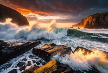 Fototapeta premium powerful waves crashing steep cliffs dramatic scene, ocean, rocks, force, impact, erosion, coastline, spray, majestic, strength, beauty, motion, nature