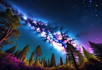 starry milky way over concealed enchanting night sky landscape, canopy, celestial, cosmos, foliage, forest, galactic, glow, illuminate, majestic, mystery