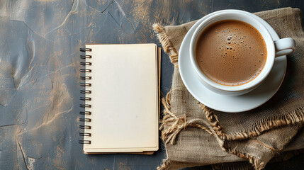 Blank notebook with a cup of coffee and recipe cards